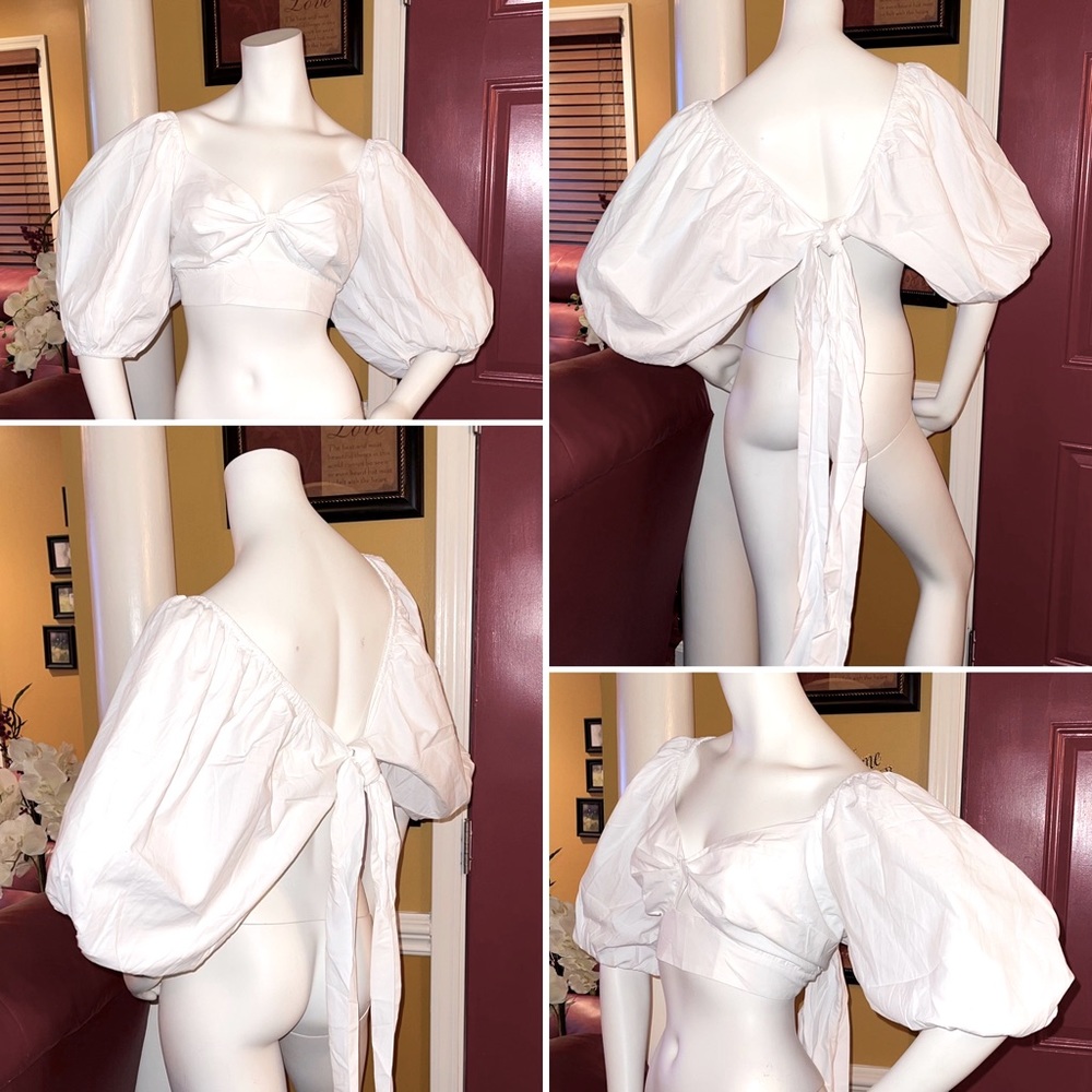 Cropped Tie Back Top with Balloon Sleeves